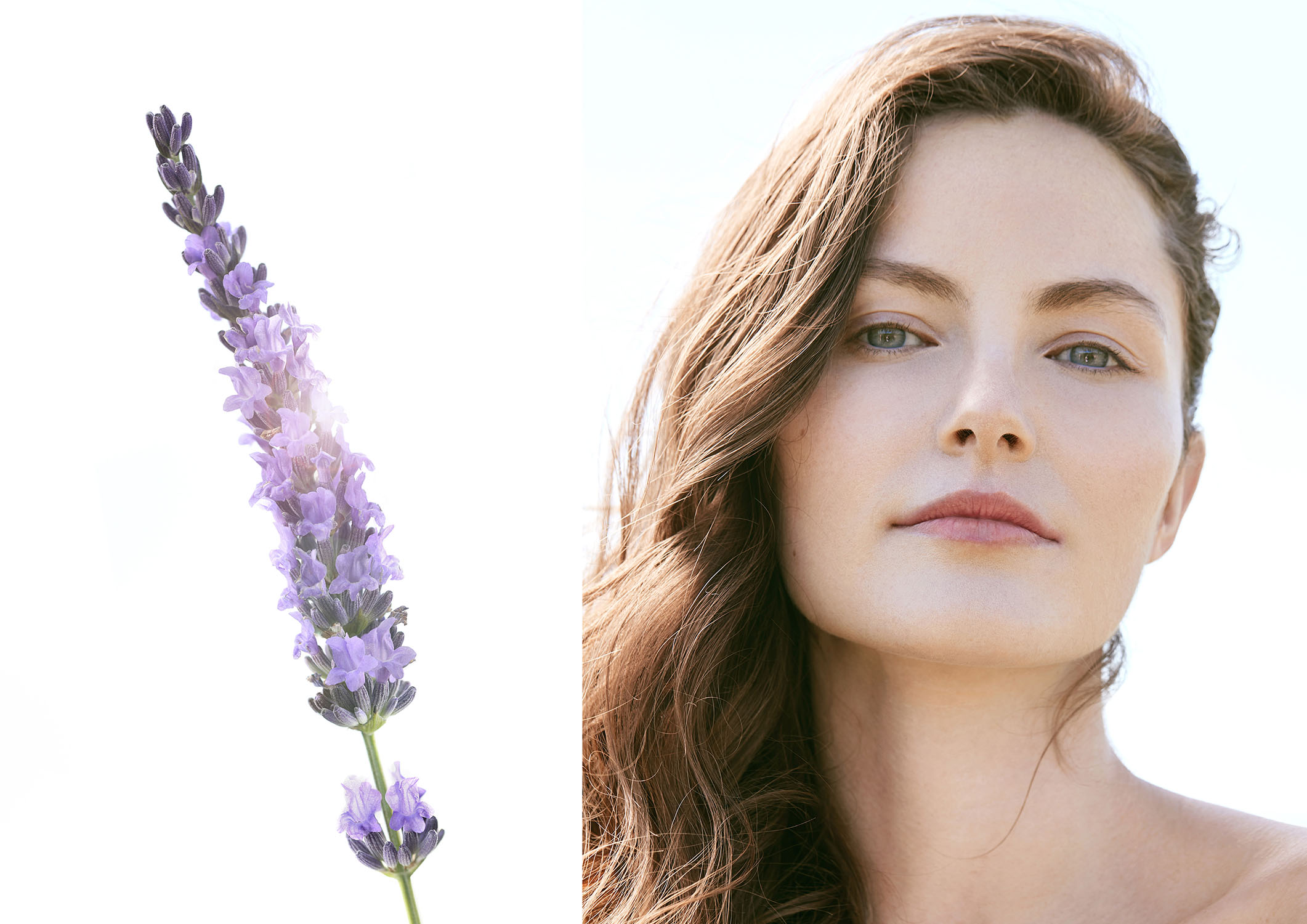 à gauche une lavande et à droite une femme aux cheveux châtains ondulés sur le côté et aux yeux verts