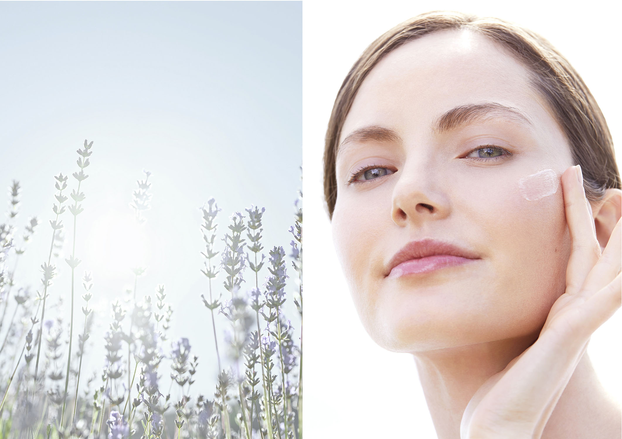 à gauche un champs de lavandes et à droite une femme aux cheveux châtains attachés et aux yeux verts s'appliquant de la crème sur le visage