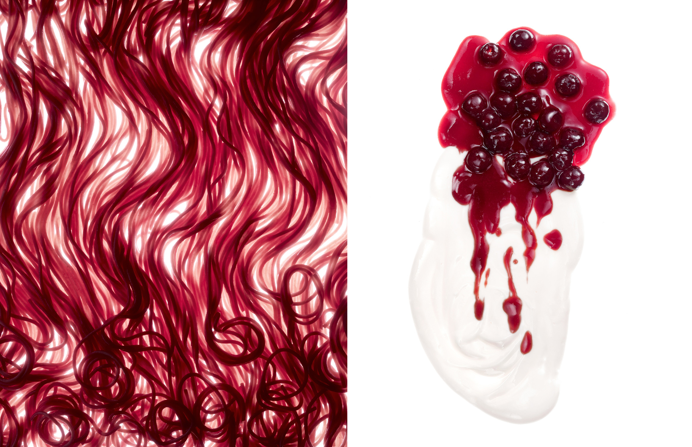 spaghettis et fruits rouges sur yaourt blanc Hermé